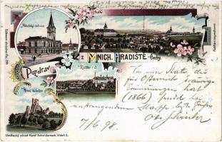 1898 (Vorläufer) Mnichovo Hradiste, Mestská radnice, Klaster n. J., Hrad Valecov. Karl Schwidernoch Art Nouveau, floral, litho (small tear)