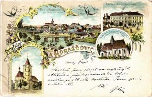 1898 (Vorläufer) Horazďovice, Horazdovice; Dekansky chrám, Radnice a obecni dum s úrady. Th. Böhm Art Nouveau, floral, litho (tear)