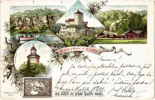 1899 (Vorläufer) Libosovice, Kost, Humprecht, Jezero, Pila v Plakánku. Art Nouveau, floral, litho (EK)