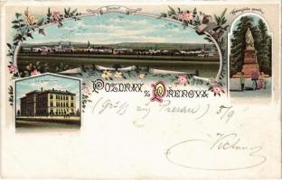 1897 (Vorläufer!) Prerov, C. k. gymnasium, Komenského pomník. Art Nouveau, floral, litho (cut)