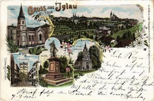 1900 Jihlava, Iglau; Evangl. Kirche, Josef II Denkmal, Heilige Geistkirche, Frauenthor. Art Nouveau, floral, litho (EB)