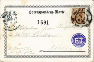 1899 (Vorläufer) Jihlava, Iglau; Iglauer Volkstracht, Totalansicht von Iglau u. städt. Schwimmschule...