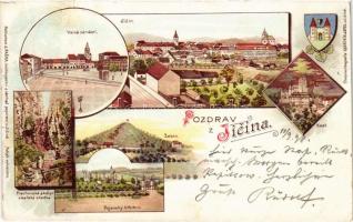 1898 (Vorläufer) Jicín, Velké námestí, Kost, Vojensky hrbitov, Prachovské skály. Art Nouveau, floral, litho (EK)