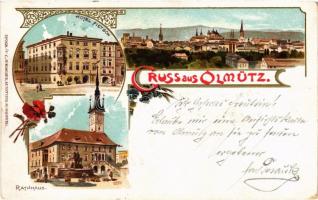 1900 Olomouc, Olmütz; Hotel Pietsch, Rathaus. C. Jurischek Art Nouveau, floral, litho (EK)