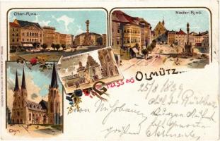 1899 (Vorläufer) Olomouc, Olmütz; Ober-Ring, Nieder-Ring, Anna Kapelle, Dom. C. Jurischek Art Nouveau, floral, litho (small tear)