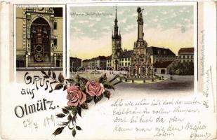 1897 (Vorläufer!) Olomouc, Olmütz; Astronom. Kunstuhr, Rathaus m. Dreifaltigkeitssäule. Regel & Krug Art Nouveau, floral, litho (worn corners)