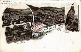 1896 (Vorläufer!) Karlovy Vary, Karlsbad; Stadtpark, Felsenquelle, Hirschensprung. Ottmar Zieher Art Nouveau, floral, litho (pinholes)