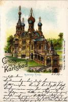 1899 (Vorläufer) Karlovy Vary, Karlsbad; Russische Kirche / Russian church. Art Nouveau, litho (cut)