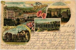 1902 Karlovy Vary, Karlsbad; Egerstrasse, Theresien und Königs-Villa, Westend, Schweizerhof. Ottmar Zieher Art Nouveau, floral, litho (pinhole)