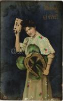 1909 Boldog Újévet! / New Year greeting card, lady with horseshoe and clover (EK)