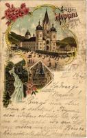 1898 (Vorläufer) Mariazell (Steiermark), Lassingfall, Balcon der Höhlensteingrotte / pilgrimage church, waterfall, cave. Ottmar Zieher Art Nouveau, floral, litho (b)