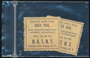 cca 1920 Budai Általános Takarékpénztár Részvénytársaság bélyege takarékbetétkönyvre befizetett 80f-ről