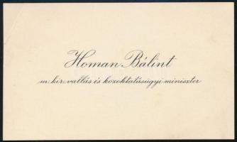 cca 1940 Hóman Bálint (1885-1951) vallás- és közoktatásügyi miniszter, országgyűlési képviselő névjegykártyája