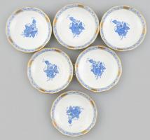6 db Herendi kék Apponyi mintás, mokkás csésze alj, jelzett, kézzel festett porcelán, alján: Candida Tupini Roma felirat, kopásnyomokkal, d: 11,5 cm