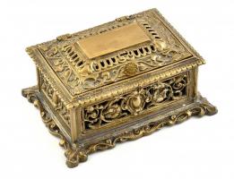 Historizáló, öntött bronz doboz, kopásnyomokkal, zöld bársony betéttel, 16x12x9cm