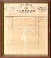 1865 Klosz Ferenc Az arany lóvakaróhoz vaskereskedésének fejléces számlája, üvegezett fa keretben, javított, 25x22 cm
