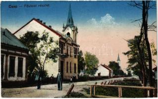 1917 Csap, Chop, Cop; Fő utca, templom. Vasúti levelezőlapárusítás 8844. / main street, church (vágott / cut)