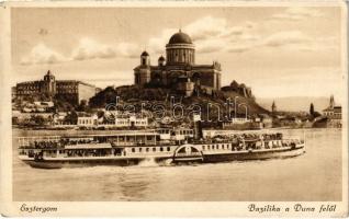 1934 Esztergom, Bazilika a Duna felől, Szent László oldalkerekes gőzhajó (EK)