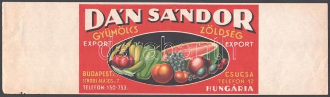 cca 1940 Dán Sándor gyümölcs-zöldség export konzerv címke, 31x9 cm