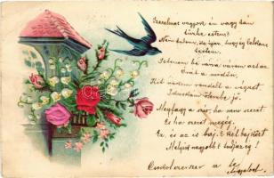 1901 Art Nouveau Emb. litho greeting card with silk flowers (EB)
