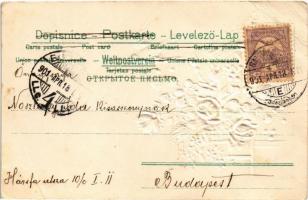 1901 Art Nouveau Emb. litho greeting card with silk flowers (EB)