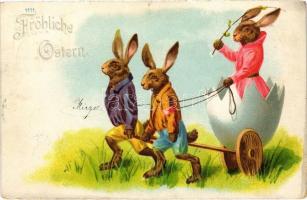 1900 Fröhliche Ostern / Easter greeting art postcard with rabbits and egg carriage. litho (lyuk / pinhole)