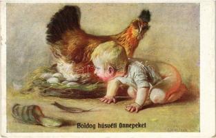1923 Boldog húsvéti ünnepeket / Easter greeting art postcard with chicken and eggs. B.K.W.I. Nr. 2551. (EK)