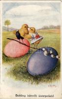 1919 Boldog húsvéti ünnepeket / Easter greeting art postcard with kissing chicken. B.K.W.I. 4677-5. s: C. Öhler (EK)