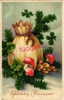 Gelukkig Nieuwjaar / New Year greeting art postcard with clovers, mushroom, bag of gold. Amag 2867. (EK)