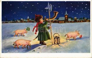 1934 Christmas and New Year greeting art postcard with pigs. WSSB 6062.