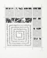 Papp Tibor (1936-2018): Szójáték. Szitanyomat, papír. Jelzett. Művészpéldány E.A. jelzéssel. 45,5x36 cm. Papp Tibor művészetéből az avantgárd sokszínűségét rekonstruálhatjuk: hagyományos értelemben vett szövegversek, szürrealista kiseposz, térvers/képek, szövegelemeket tartalmazó grafikák, számítógéppel generált költemények, logo-mandalák, bűvös négyzetek (azaz kubusok), az úgynevezett villanások betűtipográfiái, gyűrűk és spirálok, sorjázóversek, amelyekben a két szomszédos szótag kapcsolódik össze szóvá, vagy a dinamikus kép- és hangversek, performanszok, továbbá a fiktív önéletírások (regények), tanulmányok, műfordítások mind-mind az aktuális avantgárd megjelenítői. E műfaji gazdagság mellett Papp Tibor előkelő helyet foglal el a világirodalom számítógépes költészetében is.