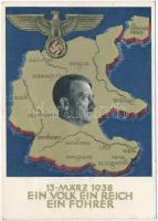 1938 März 13. Ein Volk, ein Reich, ein Führer! / Adolf Hitler, NSDAP German Nazi Party propaganda, map, swastika. 6 Ga. s: Professor Richard Klein + So. Stpl.