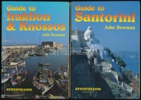 2 db Görögország útikönyv: John Bowman: Guide to Santorini. + Guide to Iraklion & Knossos. Athén, 1991-1993, Efstathiadis Group. Gazdag képanyaggal illusztrálva. Angol nyelven. Kiadói papírkötés.
