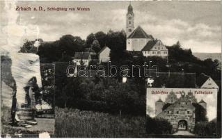 1918 Erbach, Schloßberg von Westen, Alter Schloßbrunnen, Schloßtor mit Fallbrücke / castle, castle gate, fountain (fl)