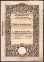 1933 Szabadalmi okirat ifj. Juhász István kocsigyártómester "Teherkocsi rugózása" c. találmányára, ábrákkal illusztrált szabadalmi leírással, a M. Kir. Szabadalmi Hivatal szárazpecsétjével, nemzeti színű szalaggal fűzve. Kissé foltos, középen hajtott.