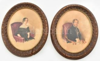 Eötvös József államférfi és felesége Rosty Ágnes akvarell portréja. XIX. sz. második fele. Jelzés nélkül. Üvegezett keretben. 22x17 cm