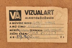Szabó János (1942-): Horgász. Olaj, farost, jelzett. Hátoldalán Vizaulart Alkotóközösség címkéjén fe...