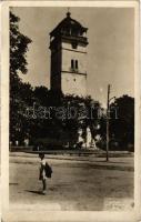 Rozsnyó, Roznava; Rákóczi őrtorony, Gróf Andrássy Dénesné (Franciska) szobor / watch tower, statue. Lumen 3166. photo (ragasztónyom / gluemark)