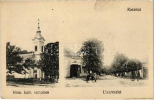 Karancs, Karanac; Római katolikus templom, utca, Korona szálloda, üzlet / church, street, hotel, shop