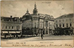 1904 Kolozsvár, Cluj; Mátyás király tér, New York palota, Tauffer Dezső és Schuster Emil üzlete / square, hotel, shops (EK)