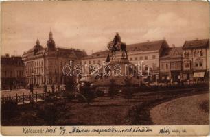 1906 Kolozsvár, Cluj; Mátyás király tér és szobor, gyógyszertár, Reil és Tokos üzlete / square, statue, shops, pharmacy