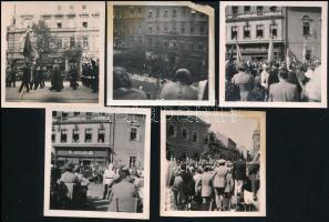 cca 1938 A budapesti Nemzetközi Eucharisztikus Kongresszus és a Szent István Nap alkalmából tartott körmenetek, 5 db fotó, részben feliratozva, egy sérült sarokkal, 6x6 cm