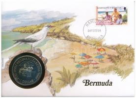 Bermuda 1996. 1$ Cu-Ni II. Erzsébet 70. születésnapja forgalomba nem került emlékkiadás felbélyegzett borítékban, bélyegzéssel, német nyelvű leírással T:1 patina Bermuda 1996. 1 Dollar Cu-Ni 70th Anniversary of the Birth of Queen Elizabeth II non-circulating commemorative coin in envelope with stamp, cancellation, and a description in german C:UNC patina Krause KM#94