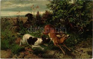 Sichere Beute / Hunting dogs and deer. Stengel litho s: Maffei