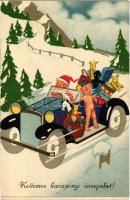 1940 Kellemes karácsonyi ünnepeket! / Christmas greeting art postcard, Saint Nicholas in an automobile with toys (EK)