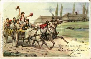 1900 Szüret után lesz az esküvő! Neuber Ráfael Mű-Kiadása S. 20. / Hungarian folklore art postcard (EK)