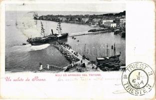 1898 (Vorläufer) Piran, Pirano; Moli ed approdo del Tritone / port, steamship (EB)