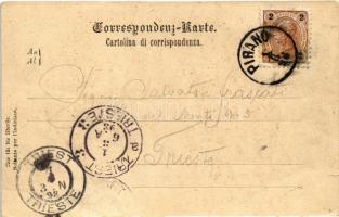 1898 (Vorläufer) Piran, Pirano; Moli ed approdo del Tritone / port, steamship (EB)