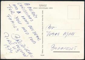 1974 Bronisław Malinowski (1951-1981) olimpiai- és Európa-bajnok lengyel atléta autográf üdvözlő sorai és aláírása képeslapon / Autograph signature of Bronisław Malinowski Polish athlete