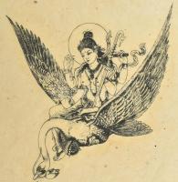 Jelzés nélkül: Szaraszvati (Sarasvati) indiai hindu, a zene, a művészetek istennője. Fametszet, kézi...
